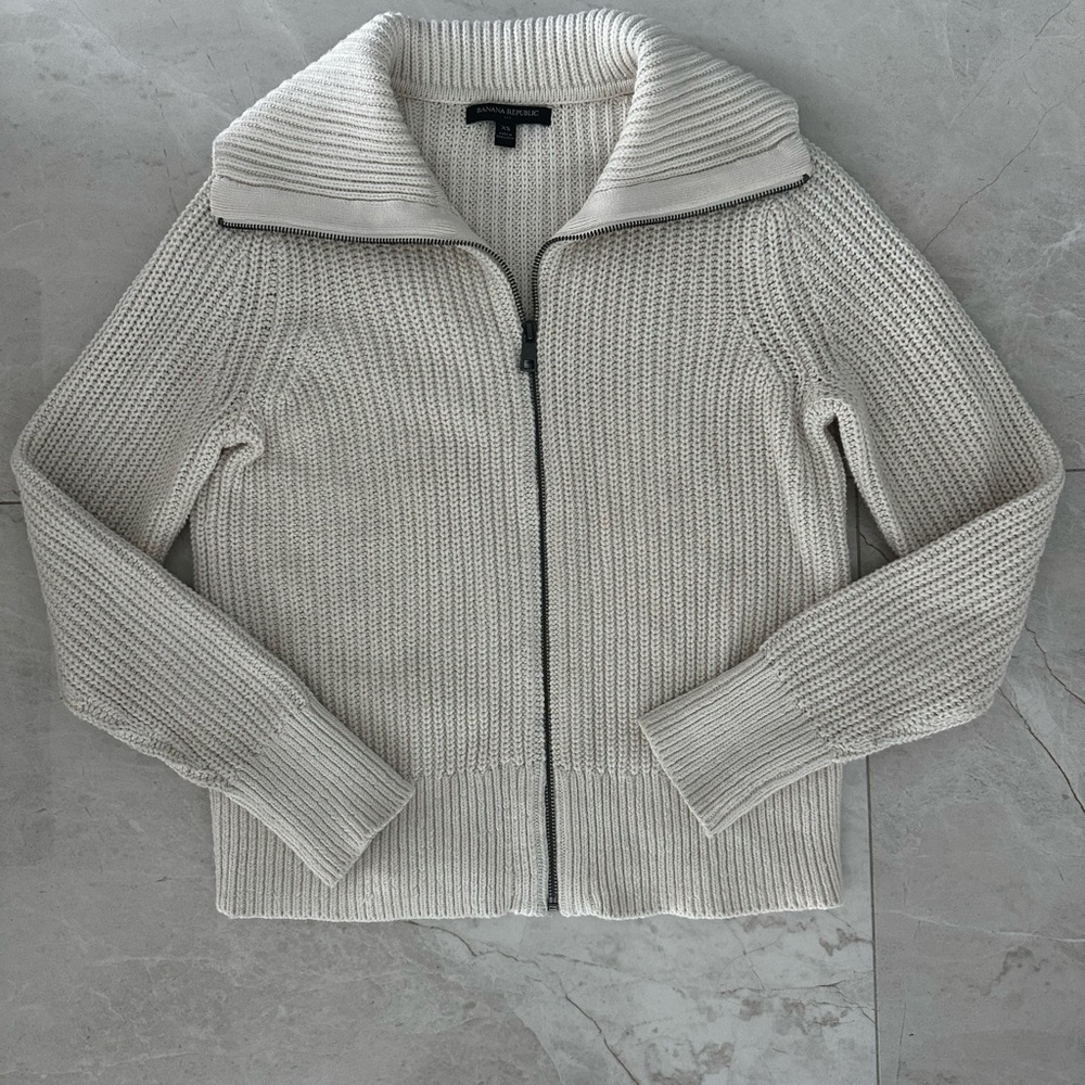 Banana Republic Off-White Knit Zip-Up Sweater